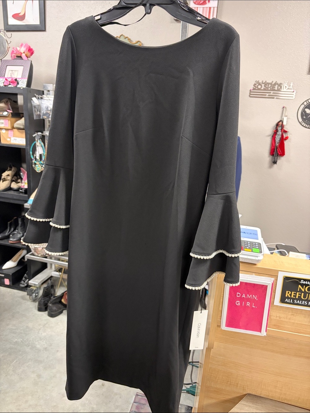 Calvin Klein Black Pearl-Trim Bell-Sleeve Midi Dress STFZYK